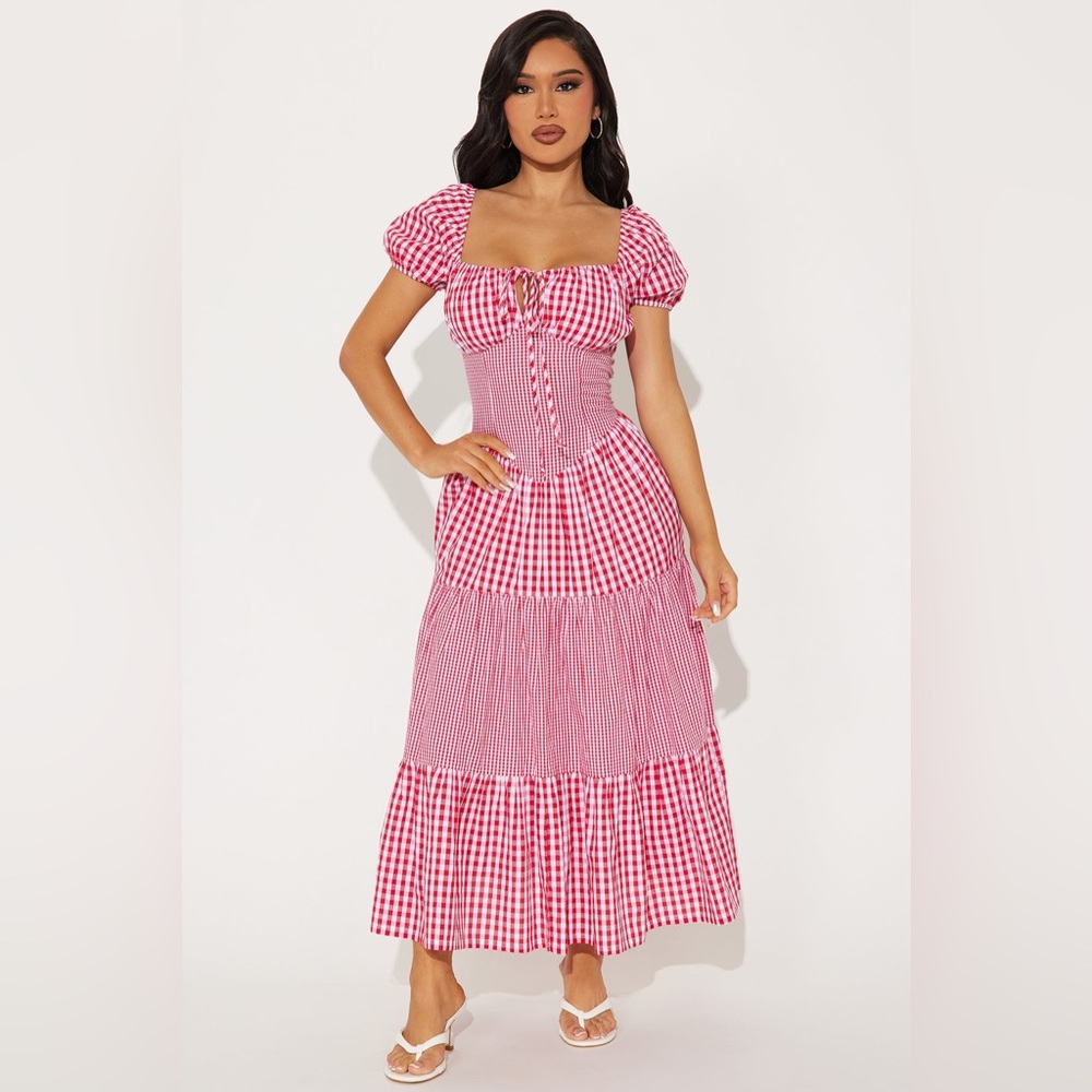 NWOT Fashion Nova Sammie Red Gingham Check Picnic Short Sleeve Midi Dress Large